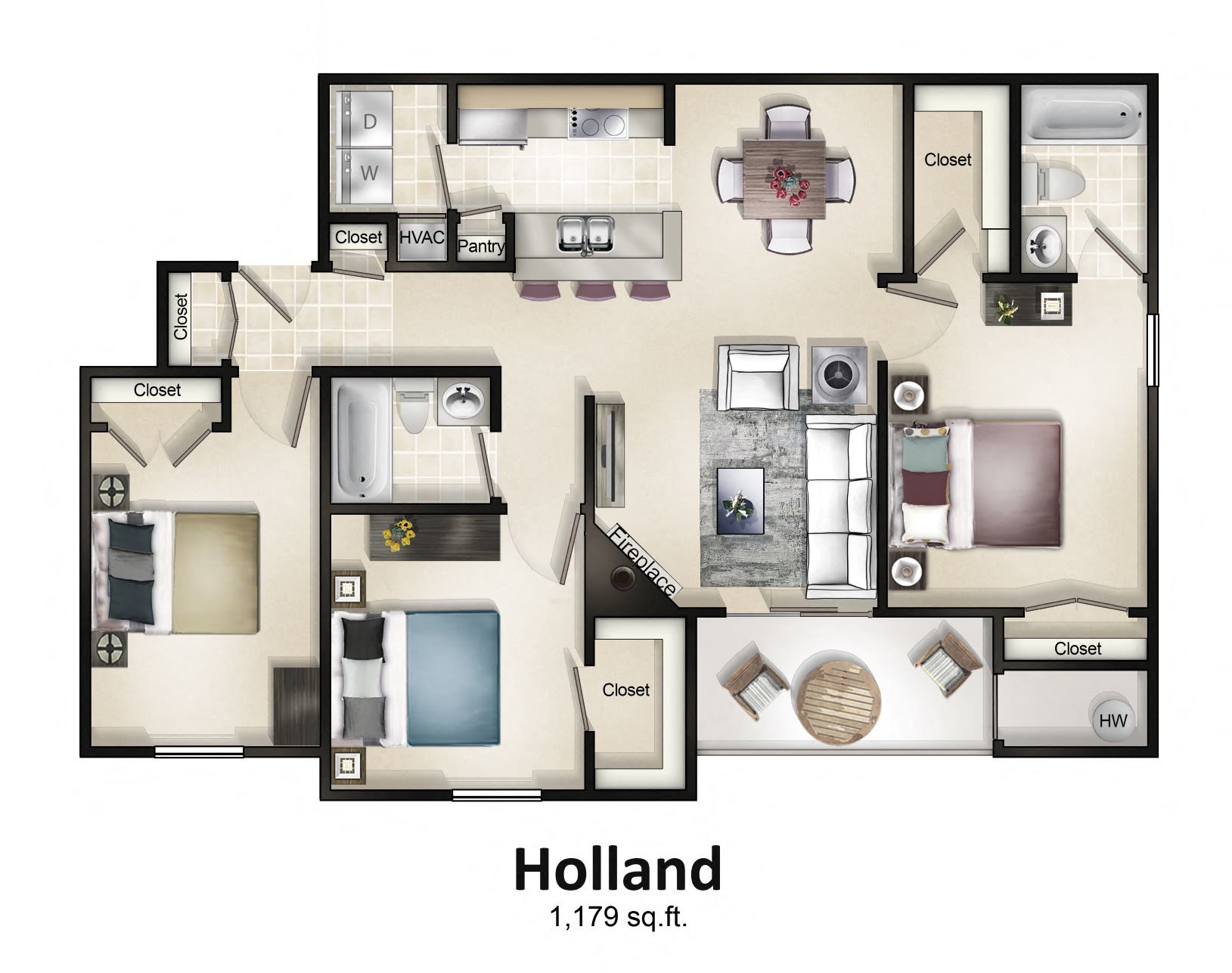 Floor plan for 3 beds, 2 baths, 1179 sqft